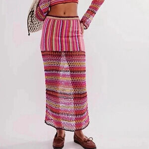 NWT Free People Bali Sunrise Skirt Crochet Knit Mid Rise Long Maxi Rainbow